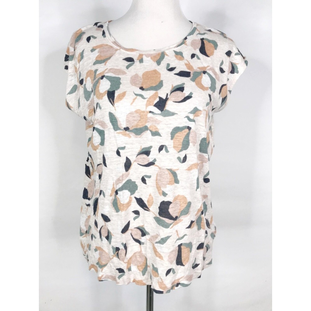 Rachel Zoe Top Women Large Ivory Pink Floral Linen Cap Sleeve Button Back Beachy